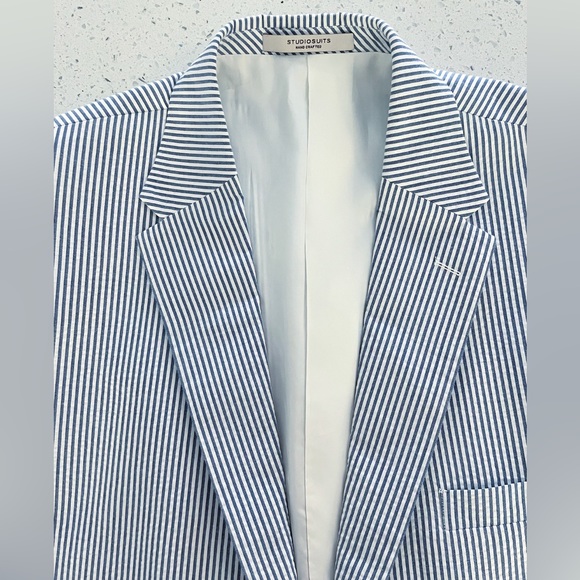 Studio Suits 44L Handcrafted Caccioppoli Seersucker Blazer Blue White Stripe NEW - Picture 8 of 10